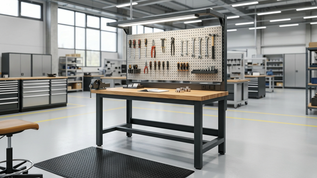 Jak zaprojektować ergonomiczne stanowisko pracy w warsztacie i hali produkcyjnej, tak jak na zdjęciu?